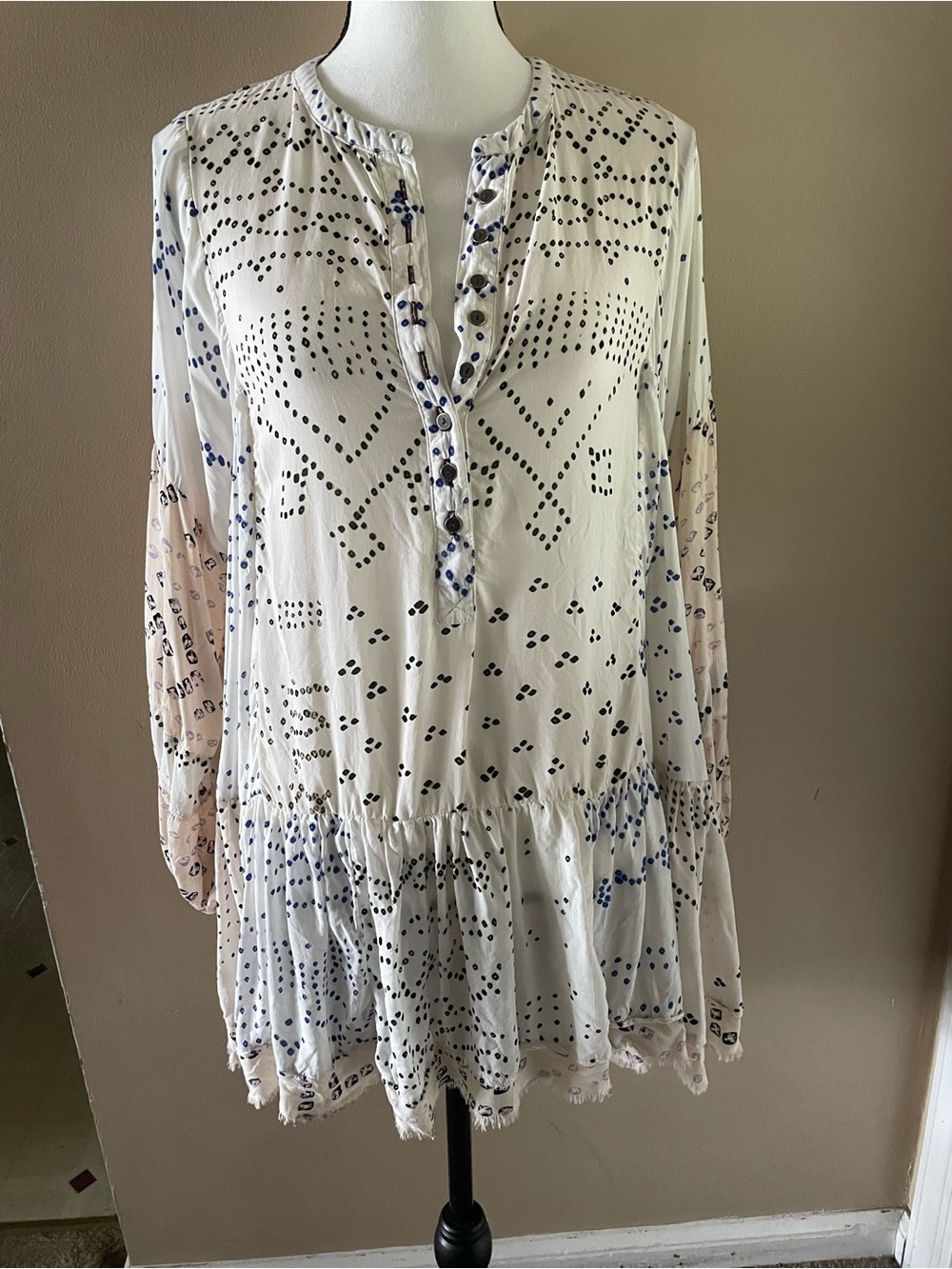 Free People White Tunic with Navy Dot Pattern and Blush Sleeve Accents